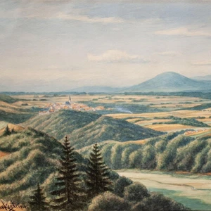 Johannes Fückert Düsseldorf escuela paisaje con pueblo firmado acuarela 1914 - Imagen 1 de 3