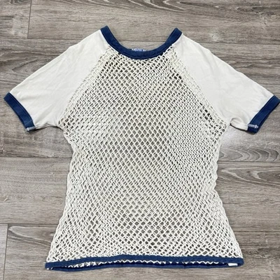 Camiseta Duofold Norse-Net Fish Net Ringer para hombre M See Through azul marfil de colección años 70 Foto 1 de 4