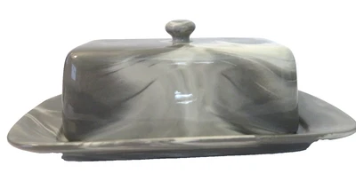 Plato de mantequilla gris/blanco diseño jaspeado con tapa con perillas nuevo sin etiqueta Foto 1 de 4