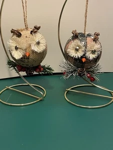 2-Rustic burlap festive Christmas owl ornaments country farmhouse decor Round - Picture 1 of 16
