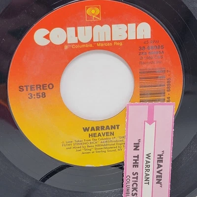 Warrant Heaven / In The Sticks w/ juke 7" 45rpm VG+ Vinyl 80's Record 45 - Image 1 of 2