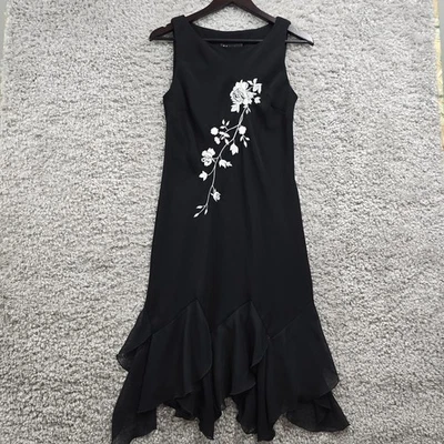SL Fashions Womens 6 Embroidered Midi Dress Black Ruffle Hem Elegant Whimsical Foto 1 de 4