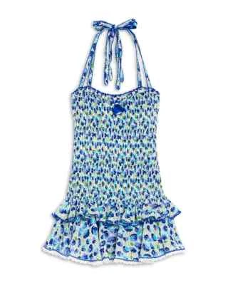 Poupette St. Barth Smocked Bandeau Dress Girls' 6 White/Blue Ruffled Tie Closure - Image 1 of 4