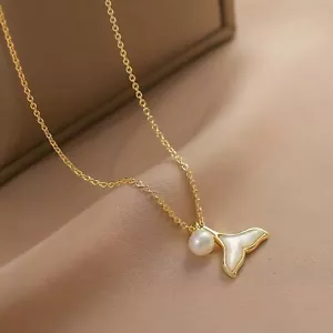 Yellow Gold 925 sterling silver mother of pearl whale tail pendant necklace 5mm - Picture 1 of 12