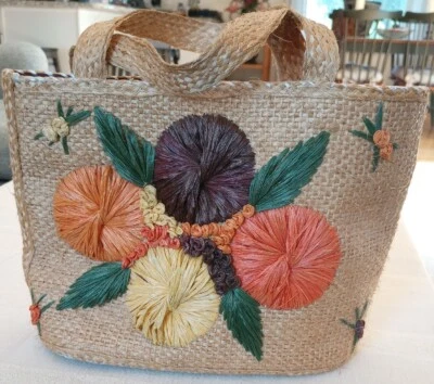 Bolso de mano/comprador de paja de colección años 70 con acento floral tropical/vacaciones usado en excelente estado Foto 1 de 4