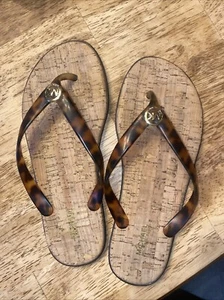 MICHAEL KORS Leopard Tortoise Jelly Cork Thongs Flat Sandals Flip Flops Sz 8 - Picture 1 of 7