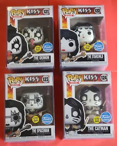 SET FUNKO POP KISS GLOW IN DARK DEMON GENE SIMMONS PAUL STANLEY ASSO GATTO CON CUSTODIE - Foto 1 di 1