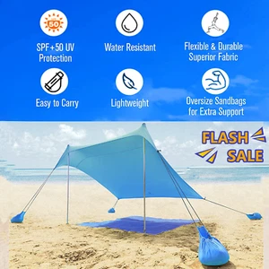 Outdoor Camping Sunshade Tent Beach Sun Shelter with Sandbag Anchors 7.2x7.6ft - Picture 1 of 10