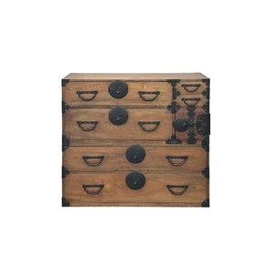 Vintage Brown Wood Black Hardware Accent Stack Tansu Chest Cabinet ws3845 - Picture 1 of 18