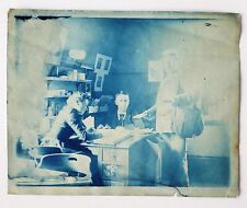 Vintage Cyanotype Interior Photo of Office Workers and Postman
