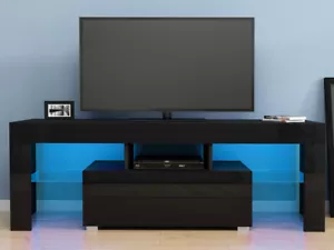 Modern TV Unit Stand 1 Drawer Cabinet Black High Gloss Door with RGB LED Lights - Picture 1 of 11