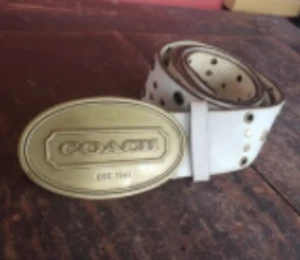 Vintage Coach Brass Buckle with White Leather Belt Soft Pliable Size 34-38 #8675 - Picture 1 of 1