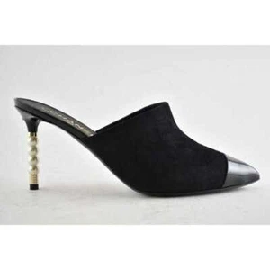 Chanel 20C Paris In Rome Pearl Black Suede Patent CC Mule Slide Heel Pump 37.5 - Picture 1 of 8