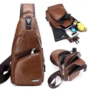 Men‘s Leather Shoulder Chest Sling Bag Messenger Crossbody Daily Travel Backpack - Picture 1 of 5