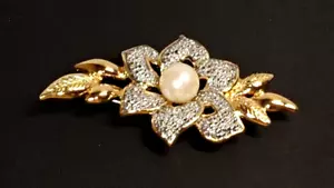 Vtg Park Lane Pave Rhinestone Floral Faux Pearl Goldtone Statement Brooch - Picture 1 of 4