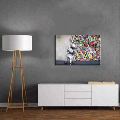 Banksy Wall Art Graffiti Wall Art Behind the Curtain Canvas Replica, 16”H x 24”W - Image 1 of 4
