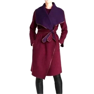 ABRIGO CINTURÓN VINCE BORGOÑA LANA DRAPEADO DELANTERO CUERO RIBETE, XS NUEVO CON ETIQUETAS, $795 Foto 1 de 4