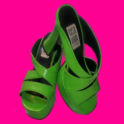 VINTAGE 90's RUSH HOUR EXPRESS Bazzar LIME GREEN Hex Heels Platform Mules Retro - Image 1 of 4