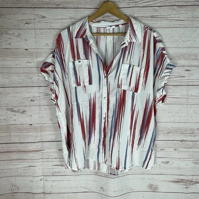 Westbound Button Up Shirt Size 2X White Red Blue Striped Short Sleeve Patriotic - Image 1 of 4