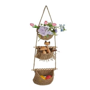 Obstkorb zum Aufhängen mit 3 Ebenen, kleiner geflochtener Wandbehang produzieren geflochtene Jute - Bild 1 von 7