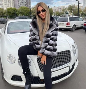 New Women Chinchilla Color Coat Winter Real Rex Rabbit Fur Jacket Warm Outwear - Picture 1 of 5