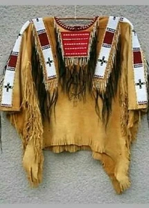 Old Antique Style Tan Buckskin Suede Leather Fringe Beaded Powwow War Shirt N226 - Bild 1 von 3
