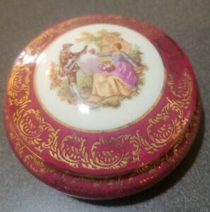 Limoges France Round Jewelry Trinket Box Porcelain Victorian Plum Color-other