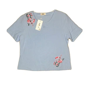 Muhan Shirt Womens 3XL Blue Floral Embroidered Top Short Sleeve Lightweight NWT - Picture 1 of 8
