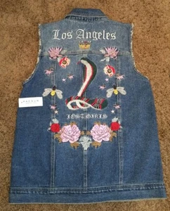 Womens Lost Girls Denim Vest Pacsun M  Los Angeles Embroidered Snake, New, NWT!! - Picture 1 of 8