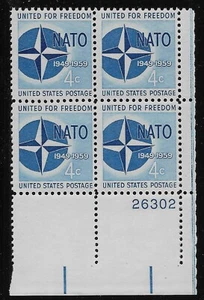 US Scott #1127, Plate Block #26302 1959 NATO 4c FVF MNH Lower Right - Picture 1 of 1