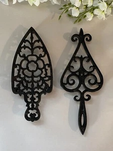 Two Fancy Vintage Cast Iron Trivets Black J.Z.H Teardrop 1952 - Picture 1 of 9