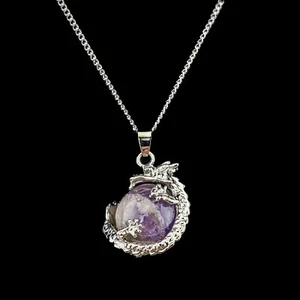 A25b Natural Amethyst Gem Stone Round Ball Dragon Claw Crystal necklace jewel - Picture 1 of 10