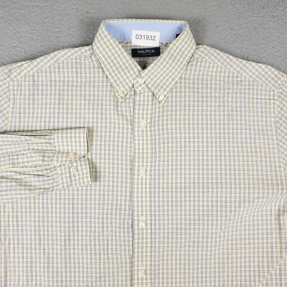 Nautica Shirt Mens Size 16.5 Yellow Blue Plaid Dress Button Up Long Sleeve * - Image 1 of 4