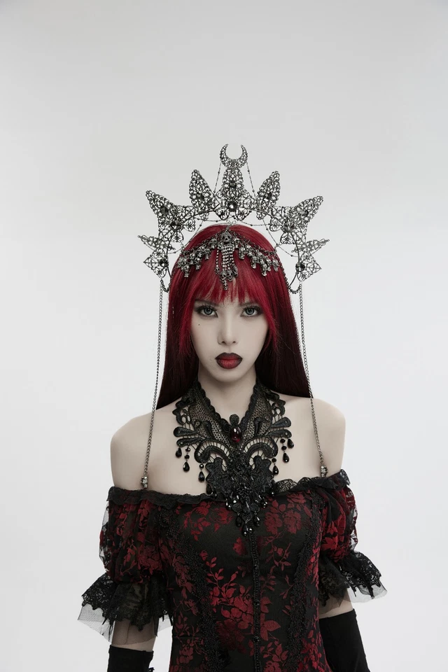 Tocado corona gótico luna media luna con púas con flecos de cuentas Foto 1 de 4