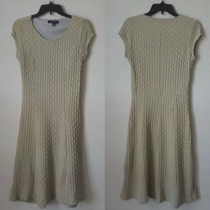 Sharagano Women size 8P Midi Casual Dress Gray Yellow Stretch Fit Flare - Picture 1 of 9