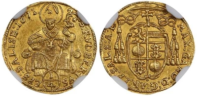 AUSTRIA - SALZBURG , 1/4 DUCAT  1671 SALZBURG MINT - NGC MS 64 - TOP POP , RARE9 - Image 1 of 4