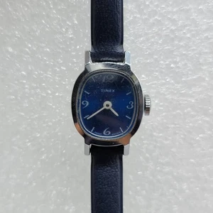 Reloj mecánico Timex vintage para mujer 17 mm esfera azul correa de cuero, funciona * - Imagen 1 de 18