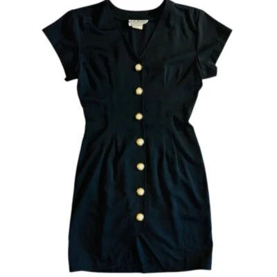 Vestido La Belle Vintage Negro Botón Frontal Manga Corta Cuello en V Trabajo Oficina Ropa Foto 1 de 4