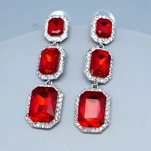 Pendientes colgantes largos rojos cristal estrás tono plata mujer concurso fiesta 303 - Imagen 1 de 5