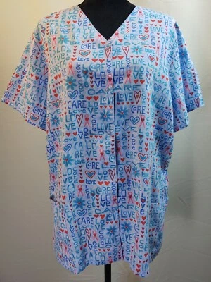SB Fashion Scrubs Women's Large Medical Top Two Pocket Blue Purple Breast Cancer - Image 1 of 4