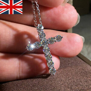 Crystal Cross Pendant Necklace 925 Sterling Silver Chain Womens Jewellery Jesus-