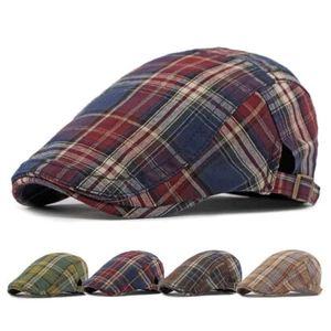 Retro Men's Plaid Cotton Gatsby Cap Newsboy Cabbie Golf Driving Flat Beret Hat - Picture 1 of 16