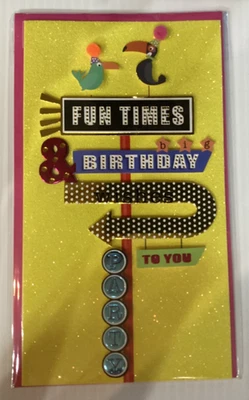 Burgoyne BIRTHDAY CARD Toucans FUN TIMES Pole Sign YELLOW PINK BLUE 3-D Fun! NIP - Image 1 of 2