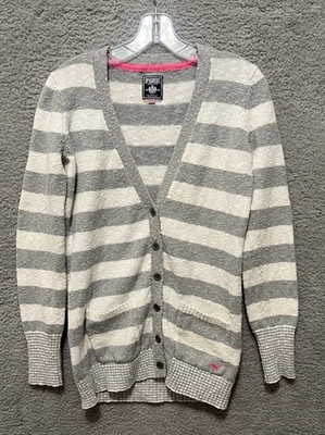 Victoria Secret ROSA Gris Algodón Vintage Largo Cárdigan Suéter Rayas Talla Mediana Foto 1 de 4