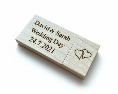 Personalised Engraved Wooden USB 16GB Memory Stick Drive Wedding Photos Gift - Image 1 of 4