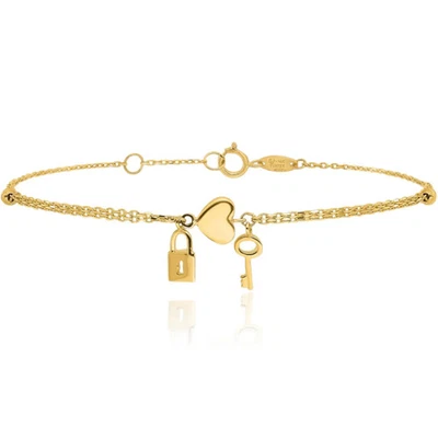 14K Solid Yellow Gold Heart Lock Key Charm Bracelet - Image 1 of 4