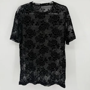 Black Floral Sheer Mesh Burnout Velvet Short Sleeve Top Gothic Witchy Dark Vamp - Picture 1 of 11