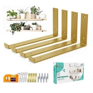 Shelf Brackets w/Lip for 11.25” Shelves 4 Pack  Floating Shelves (Golden Finish) - Picture 1 of 2