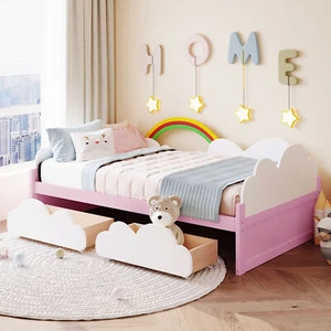 Twin Size Bed Wood Platform Bed Frame with 2 Drawers,Cute Bed w/Guardrails &Slat - Picture 1 of 7