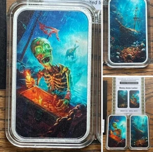 Skull 💀 Treasure Davey Jones Locker 2024 1 oncia .999 colore argento lingotto artistico con certificato di autenticità - Foto 1 di 6